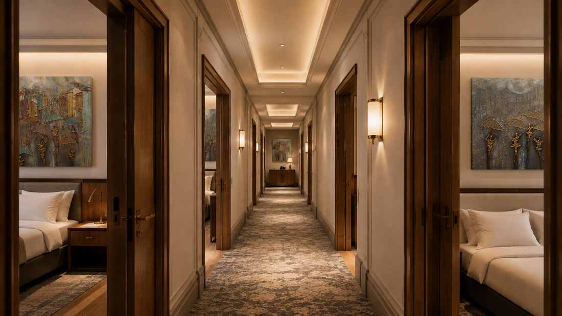 Çok odalı otel projesinde farklı odalarda birbiriyle uyumlu tabloların kullanıldığı otel koridoru