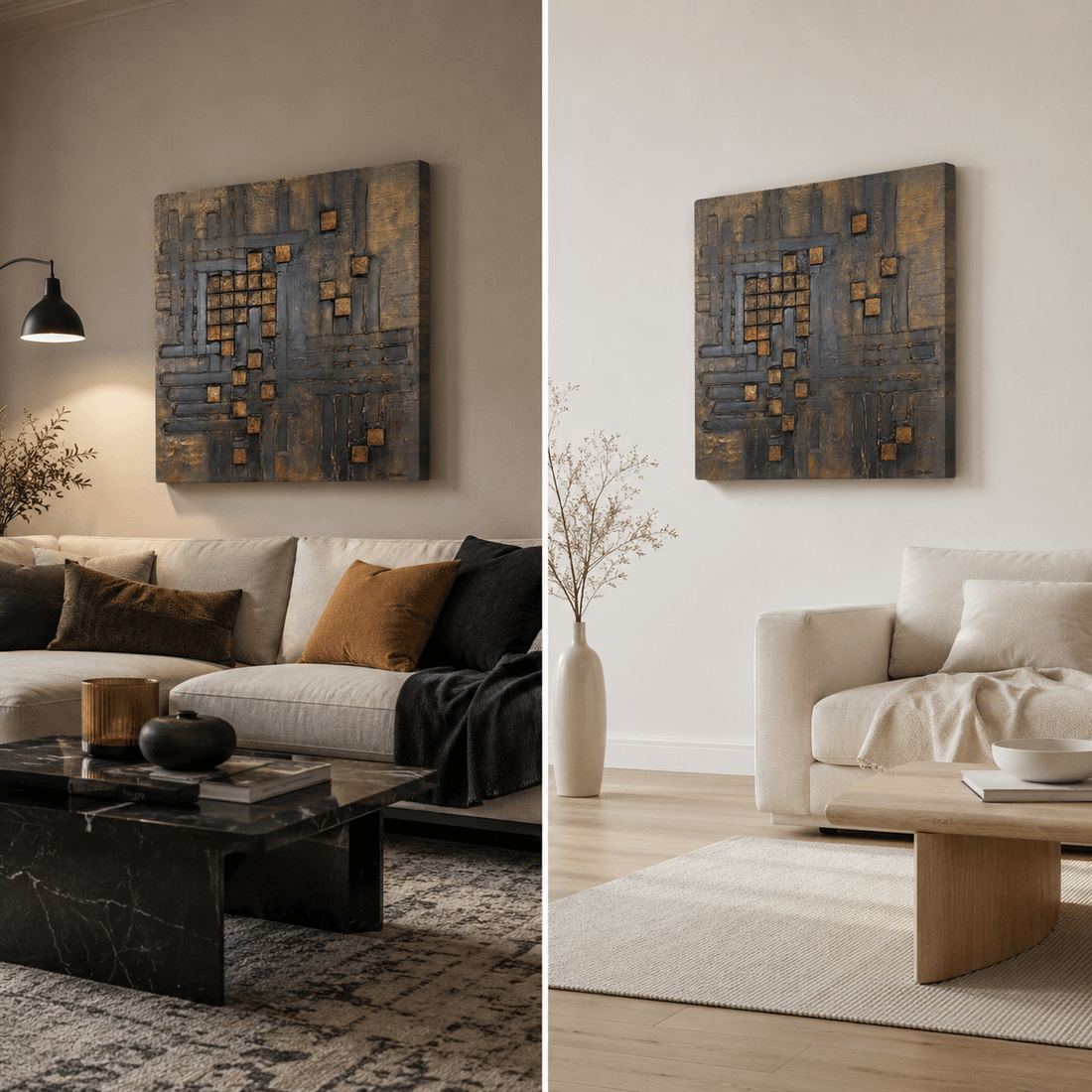 Modern ve minimalist salon tablolarının farklı dekorasyon stillerinde karşılaştırması