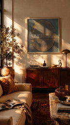 Gümüş çerçeveli premium kanvas tablo, çağdaş ev dekorasyonu için AURA Gallery özgün sanat eseri baskısı, modern ve minimalist duvar dekoru.