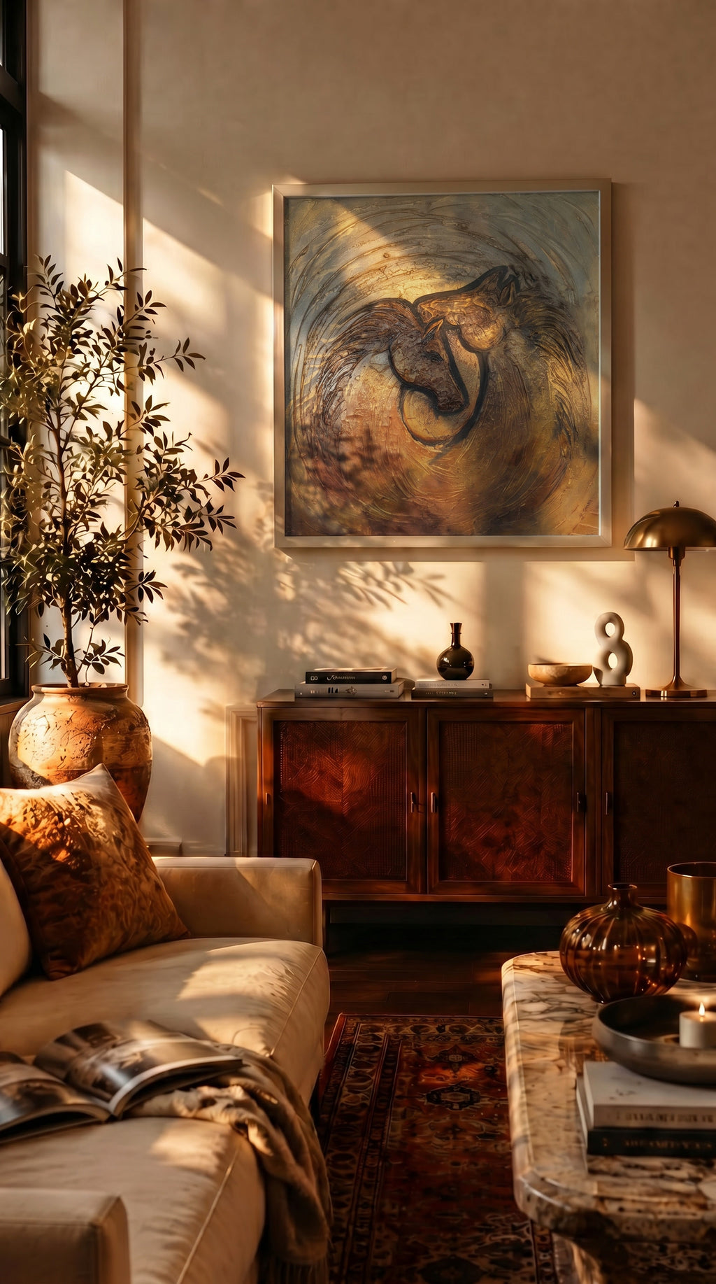 Gümüş çerçeveli premium kanvas tablo, çağdaş ev dekorasyonu için AURA Gallery özgün sanat eseri baskısı, modern ve minimalist duvar dekoru.