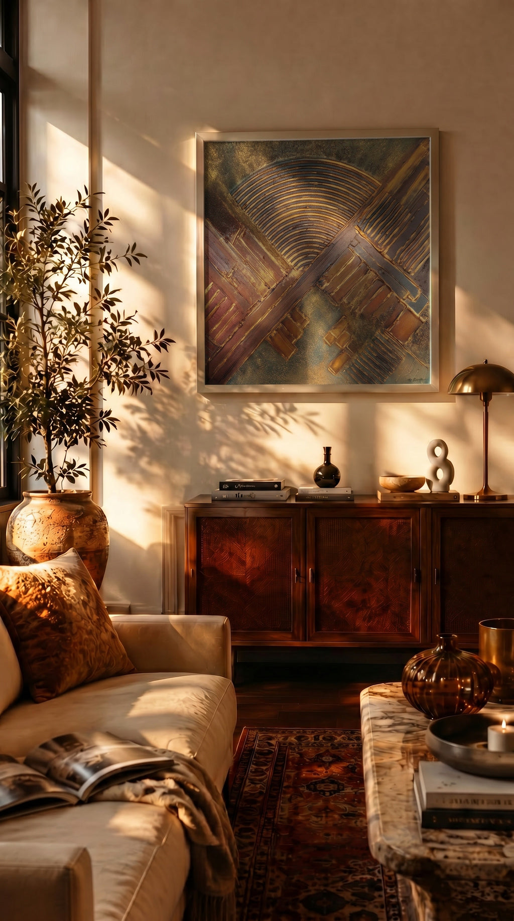 Gümüş çerçeveli premium kanvas tablo, çağdaş ev dekorasyonu için AURA Gallery özgün sanat eseri baskısı, modern ve minimalist duvar dekoru.