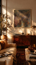 Gümüş çerçeveli premium kanvas tablo, çağdaş ev dekorasyonu için AURA Gallery özgün sanat eseri baskısı, modern ve minimalist duvar dekoru.