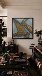 Siyah çerçeveli kanvas tablo, modern iç mekânlara karakter kazandıran AURA Gallery soyut duvar tablosu, premium mat baskı ve zarif çerçeve tasarımı.