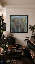 Siyah çerçeveli kanvas tablo, modern iç mekânlara karakter kazandıran AURA Gallery soyut duvar tablosu, premium mat baskı ve zarif çerçeve tasarımı.